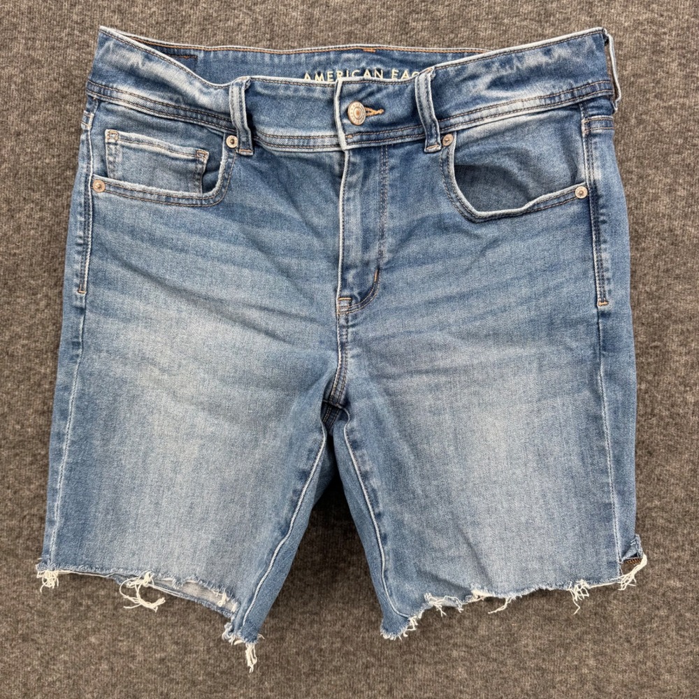 American Eagle Next Level Stretch Denim Shorts Blue Medium Wash Raw Hem Size 12L